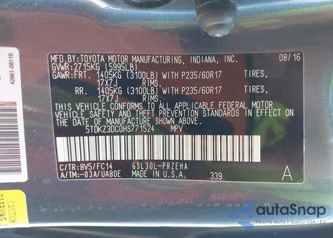 2017 Toyota Sienna Le 8 Passenger z USA, uszkodzony, nr VIN 5TDKZ3DC0HS771524